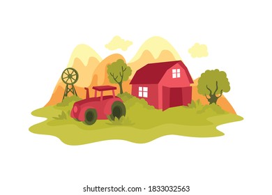 Casa de granero de dibujos con tractor Ilustración vectorial, hierba verde y árboles, simple y lindo con diseño plano