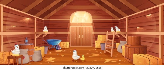 Cartoon barn interior with chickens, straw and hay. Farm house inside view. Traditional wooden ranch with haystacks, sacks, gate and window. Old shed building with hen nests and garden tools.