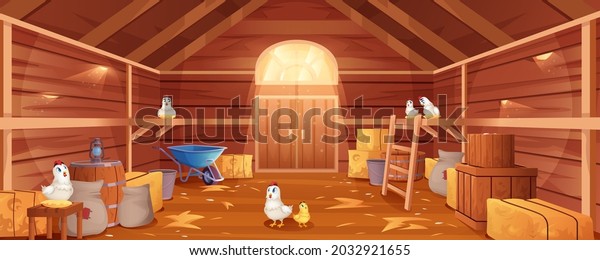 Cartoon barn interior with chickens, straw and\
hay. Farm house inside view. Traditional wooden ranch with\
haystacks, sacks, gate and window. Old shed building with hen nests\
and garden tools.