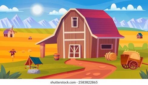 Cartoon barn landscape. Rural barns outside countryside scene, farm harvesting house farmland building with cultivated field pasture agriculture nature swanky vector illustration original artwork