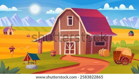 Cartoon barn landscape. Rural barns outside countryside scene, farm harvesting house farmland building with cultivated field pasture agriculture nature swanky vector illustration original artwork