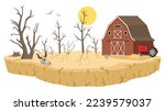 Cartoon barren lands, natural disaster. Drought land, dry farmlands soil with dead trees, barrenness and soil poverty flat vector illustration isolated on white background