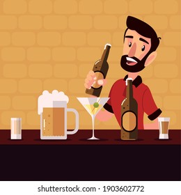 cartoon bartender holding beer bottle and different drinks in counter vector illustration