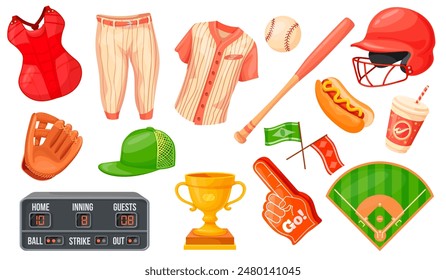 Cartoon baseball accessories. Baseballs game uniform clothes or sport equipment sticker, glove helmet hat bat ball scoreboard stadium base ground field set neat vector illustration