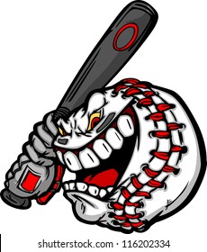 Cartoon Baseball Ball Face Holding Baseball Bat Illustration Vector