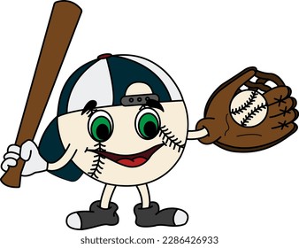 Cartoon Baseball Ball with Glove. Vector Illustration of Funny Baseball Character.