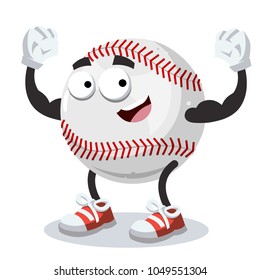 cartoon baseball ball mascot shows its strength on a white background