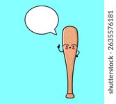 Cartoon Baseball Bat character sporting glasses, pointing with speech bubble against blue backdrop