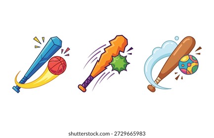 Cartoon baseball bats batendo bola de basquete e ilustração de ovo