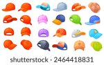 Cartoon baseball caps. Summer cappella hats, skater rap snapback athlete sport uniform trucker promotional hat back front view children color beach cap, neat vector illustration of cap baseball sport