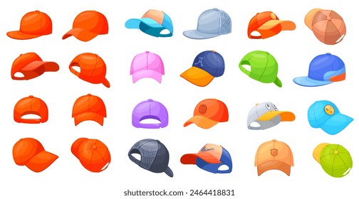 Cartoon baseball caps. Summer cappella hats, skater rap snapback athlete sport uniform trucker promotional hat back front view children color beach cap, neat vector illustration of cap baseball sport