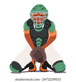 Cartoon Baseball Catcher Character In Full Protective Gear, Crouching And Ready To Catch A Ball. Vector Illustration Highlights His Helmet, Chest Protector And Glove, Showcasing Preparedness And Focus