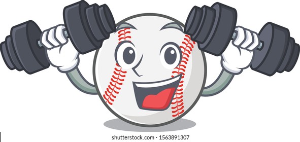 Cartoon baseball with in a character with bring barbell