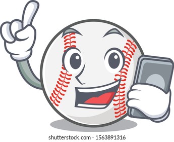 Cartoon baseball with in a character with holding phone