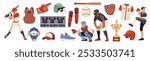 Cartoon baseball game elements. Sports accessories, batting the ball, man in uniform, protection, award cup, professional athletes, score boards, competition prize, tidy vector isolated set