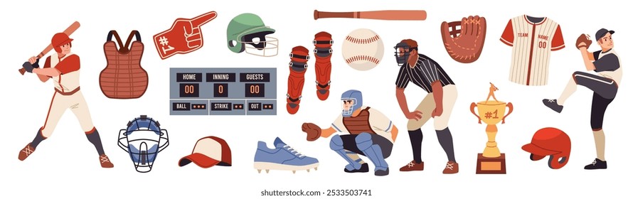 Cartoon baseball game elements. Sports accessories, batting the ball, man in uniform, protection, award cup, professional athletes, score boards, competition prize, tidy vector isolated set