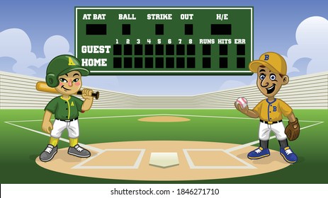 cartoon baseball games in ... with blank scoreboard