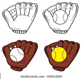 Cartoon Of Baseball Gloves With Ball. Vector Illustration Isolated On White Background Collection Set