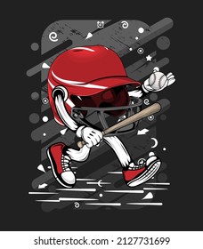 cartoon baseball helmet t  shirt design illustration