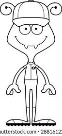 A cartoon baseball player ant smiling.