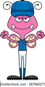 A cartoon baseball player butterfly looking angry.