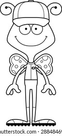 A cartoon baseball player butterfly smiling.