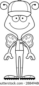 A cartoon baseball player butterfly smiling.