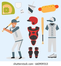Cartoon baseball player icons batting vector design american game athlete sport league equipment