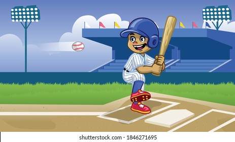 cartoon baseball player playing in the stadium