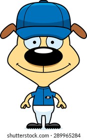 A cartoon baseball player puppy smiling.