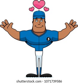 A cartoon baseball player ready to give a hug.