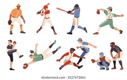 Cartoon baseball players. Athletes in uniform with bats, gloves and helmets, people playing sports game. Pitchers men in dynamic poses on championship, tidy sportsman vector flat isolated set