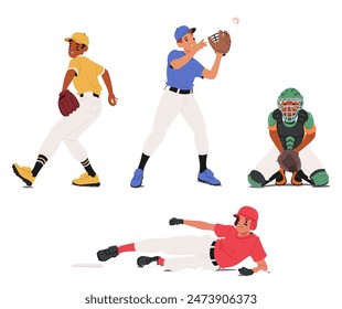Cartoon Baseball Players In Various Actions Pitching, Catching, And Sliding Into Base. Vector Illustration For Sports-related Designs And Projects, Showcasing The Excitement And Teamwork In Baseball