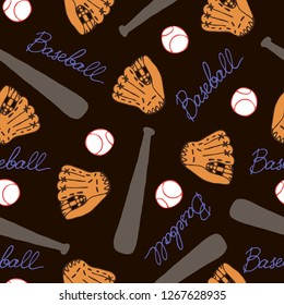 Cartoon baseball seamless pattern. Flat ball, glove and bat. 