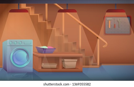 Cartoon Basement Home With Washing Machine, Vector Illustration