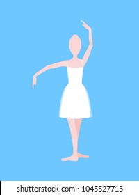Cartoon Basic Ballet Classical Dance Position White Silhouette Woman on a Blue Background. Vector illustration