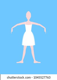 Cartoon Basic Ballet Classical Dance Fifth Position White Silhouette Woman on a Blue Background. Vector illustration