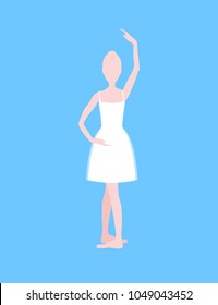 Cartoon Basic Ballet Classical Dance Position White Silhouette Woman on a Blue Background. Vector illustration