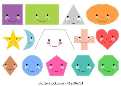 Cartoon basic geometric shapes. Smiling shapes. Isolated on white background. Design elements for children