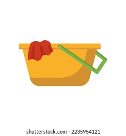 Cartoon basin with rag isolated on white. Cleaning tools for housework. Vector illustration of plastic housekeeping equipment. Cleanup, service, hygiene concept