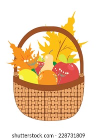 Cartoon basket with apples, pears and autumn maple leaves.