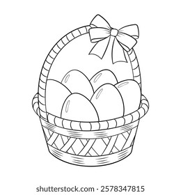 Cartoon Basket with a bow full of Easter eggs doodle style. Happy easter Hand drawn black and white isolated coloring page art therapy. Springtime holiday gift line art. Easter basket Vector 