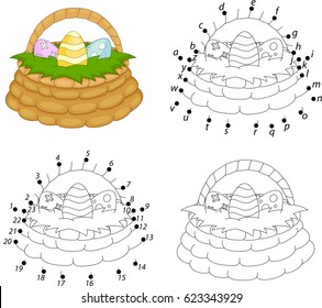 Cartoon basket with Easter eggs. Coloring dot to dot educational game for kids