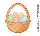 Cartoon Basket with easter eggs doodle style. Happy easter Hand drawn cartoon trendy flat style isolated icon. Springtime holiday gift. Easter basket Vector illustration
