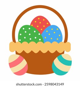 Cartoon basket with easter eggs. Greeting card Happy Easter for decorative, banner, poster, card. Vector illustration on white background
