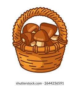 Cartoon Basket Full of Mushrooms. Wicker basket filled with edible brown mushrooms in a warm cartoon style. Hand-drawn illustration, front view, isolated on white background.