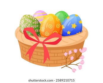 Cartoon basket full of painted colorful eggs. Wicker basket with Easter eggs, Easter surprise eggs basket flat vector illustration. Spring holiday chocolate eggs