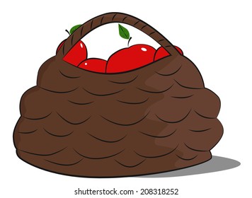 Cartoon basket with red apples, vector illustration
