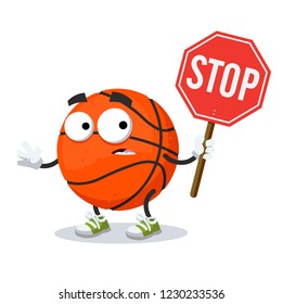 cartoon basketball ball mascot with tablet stop in hand on white background