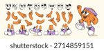 Cartoon basketball character creator set with various facial expressions, hand gestures, and shoe styles on a light background. Concept of sports mascot. Vector illustration